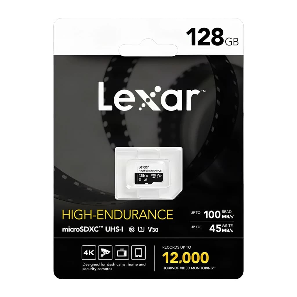 Cartão microSD Lexar High-Endurance microSDXC 128GB V30 U3 Classe 10 UHS-I, conteúdo da caixa: embalagem frontal com cartão