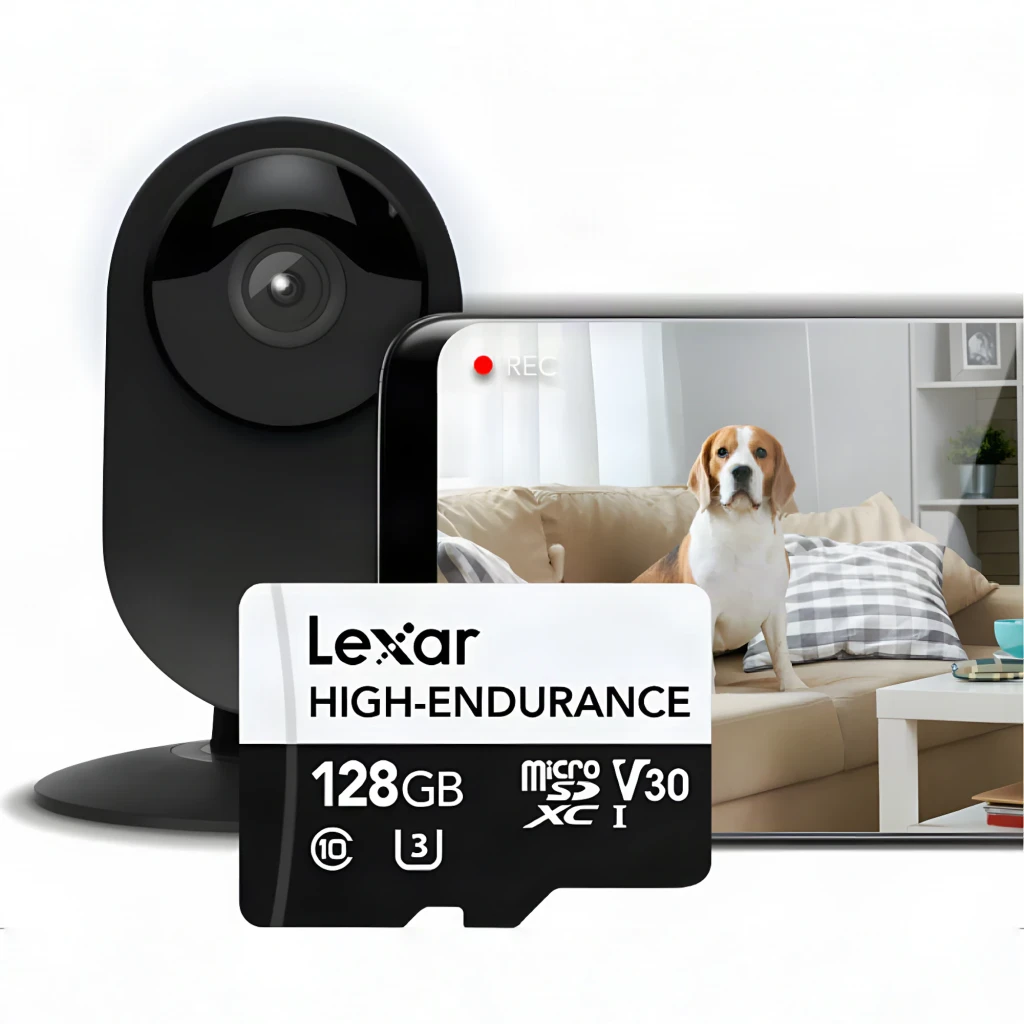Cartão microSD Lexar High-Endurance microSDXC 128GB V30 U3 Classe 10 UHS-I em uso: cartão com câmera de segurança e ecrã