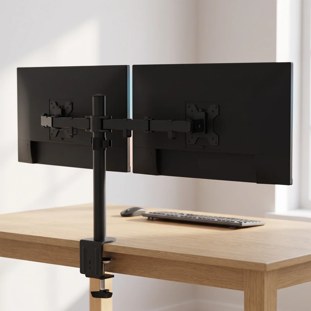 Soporte de Mesa Approx Doble Monitor Negro Inclinable 15° 10-27 pulgadas appSMD02, en uso: dos monitores sujetos con brazos