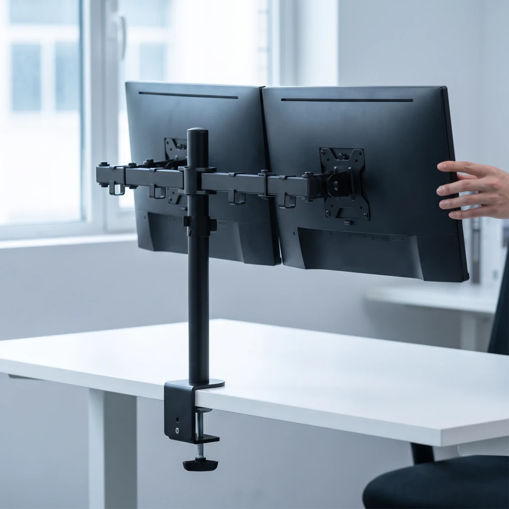 Soporte de Mesa Approx Doble Monitor Negro Inclinable 15° 10-27 pulgadas appSMD02, en uso: mano ajustando monitor derecho