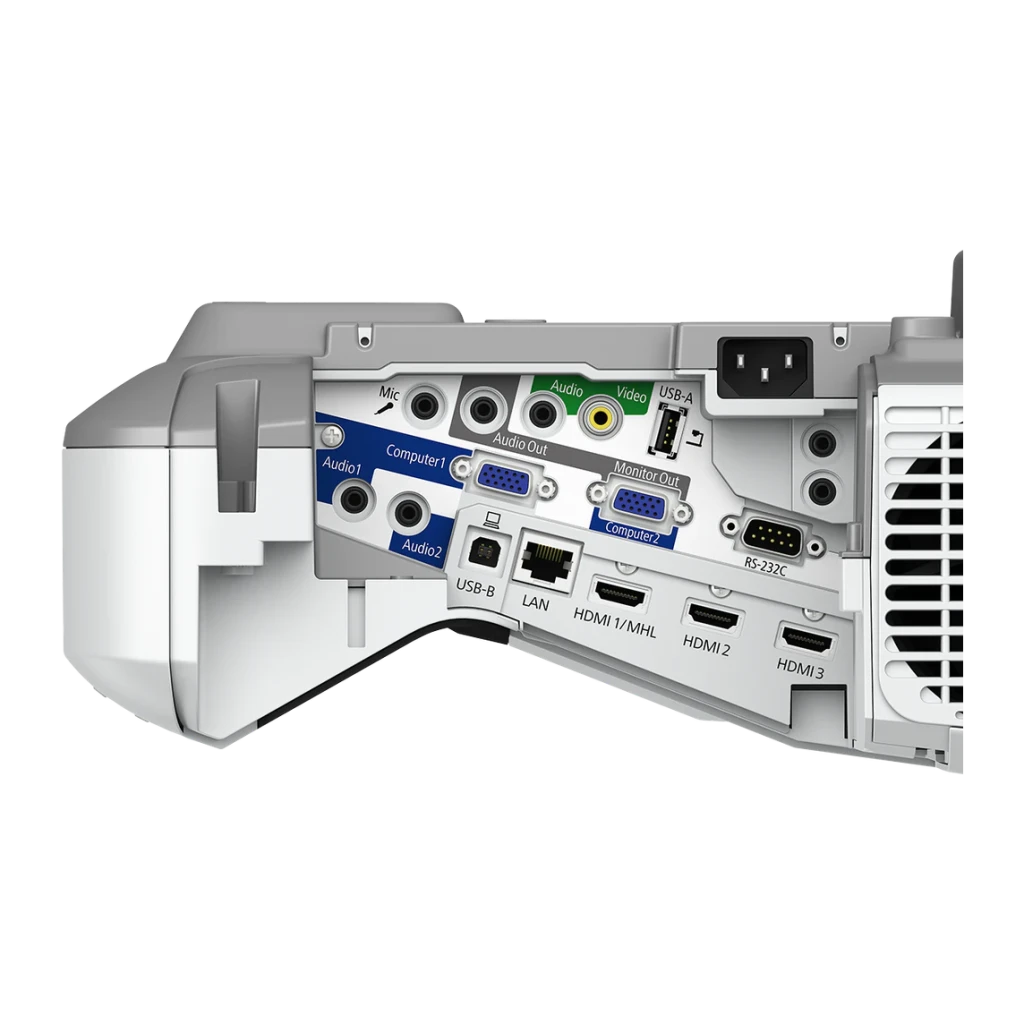 Proyector Epson Tiro Ultracorto 0,28:1 WXGA 1280x800 3500 Lúmenes ANSI 3LCD Blanco EB-685Wi, detalle: panel de conectores