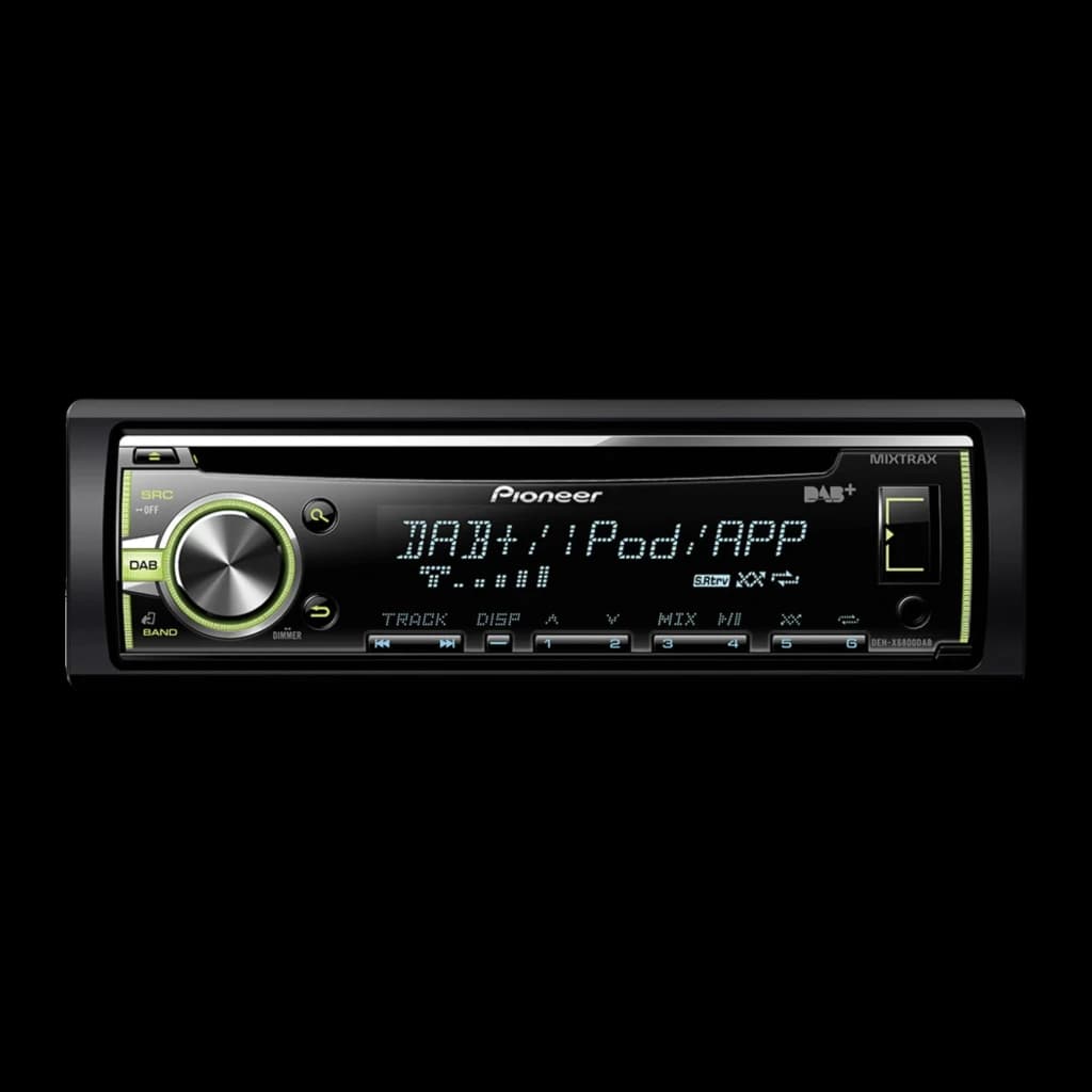 Autorradio Pioneer Negro 1 DIN DEH-X6800DAB, vista frontal: pantalla DAB+ iluminada, mando giratorio verde y botones