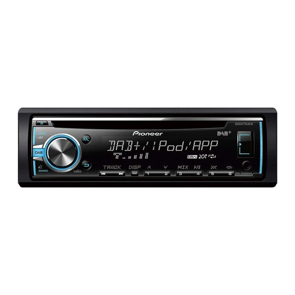 Autorradio Pioneer Negro 1 DIN DEH-X6800DAB, detalle frontal: pantalla encendida con DAB+/iPod/APP, mando azul y botones