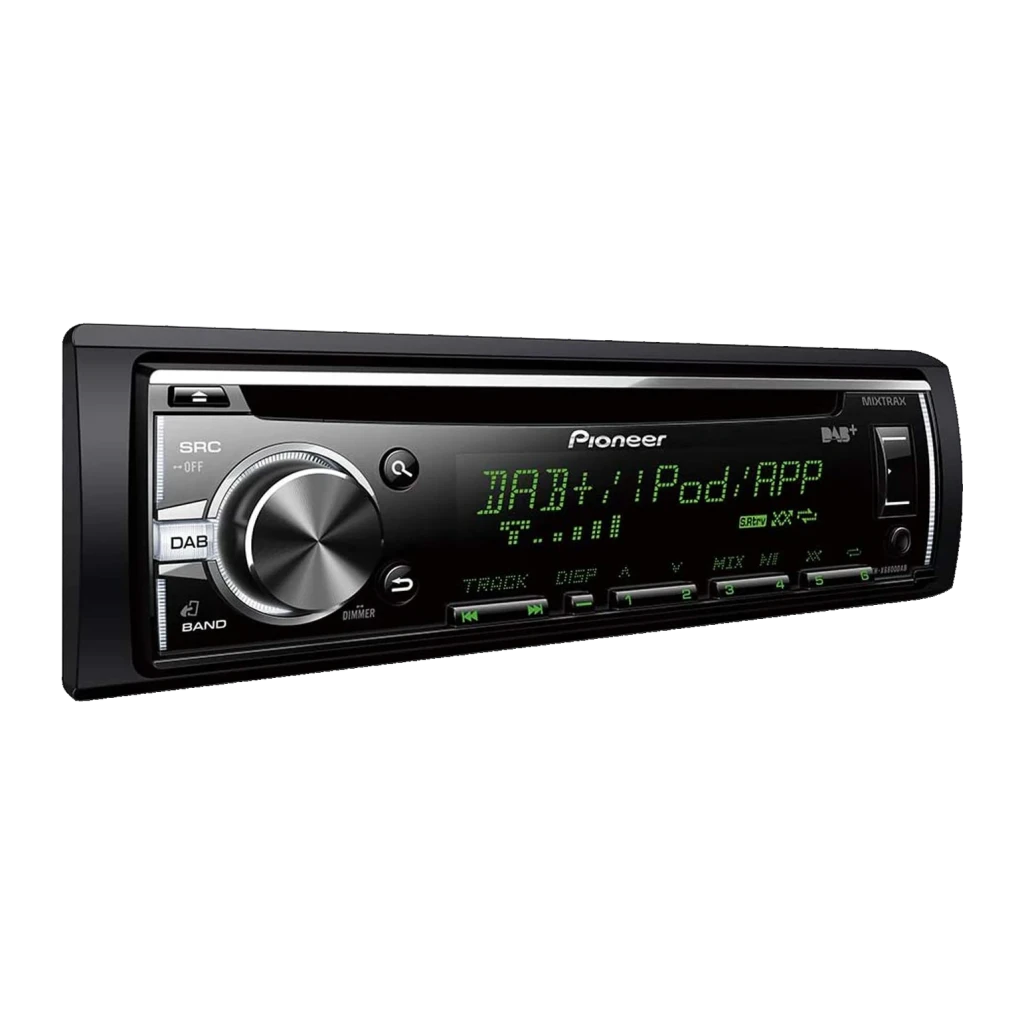 Autorradio Pioneer Negro 1 DIN DEH-X6800DAB, detalle: pantalla verde encendida con DAB+/iPod/APP y mando giratorio