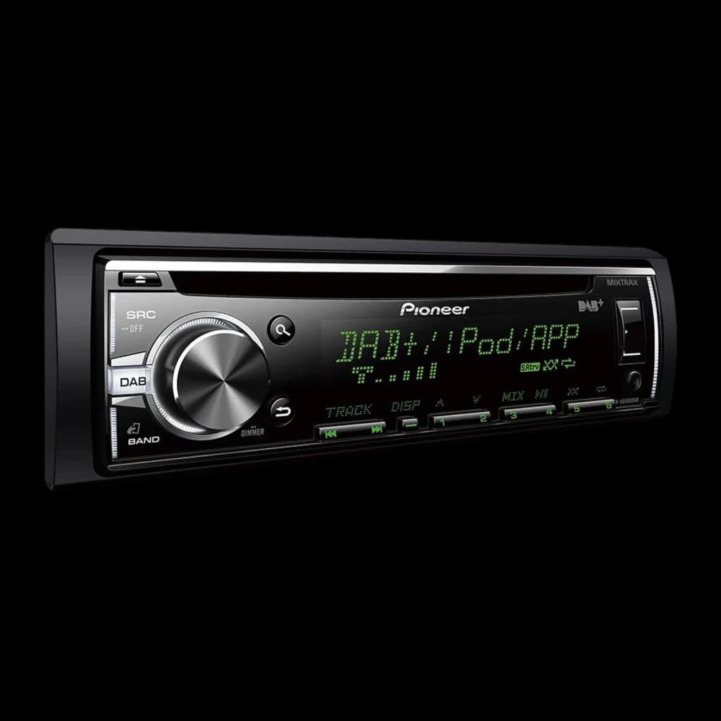 Autorradio Pioneer Negro 1 DIN DEH-X6800DAB, detalle: pantalla verde encendida con DAB+/iPod/APP y mando giratorio