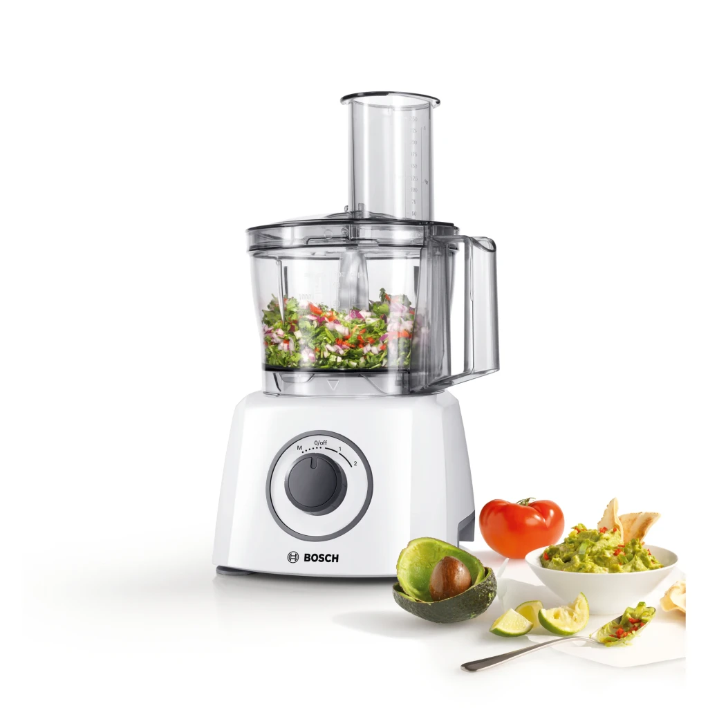 Procesador de alimentos Bosch MultiTalent 3 2,3L 800W 2 Velocidades Blanco MCM3100W, en uso: bol transparente con verduras