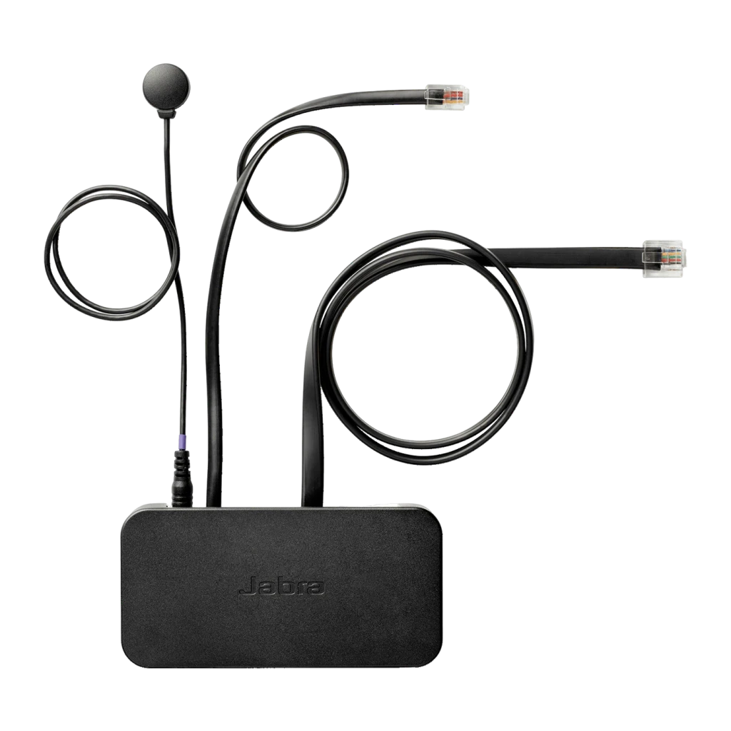Adaptateur Jabra Link 14201-35 Accessoire EHS Bluetooth Noir, vue de face: boîtier noir logo Jabra, capteur rond et deux