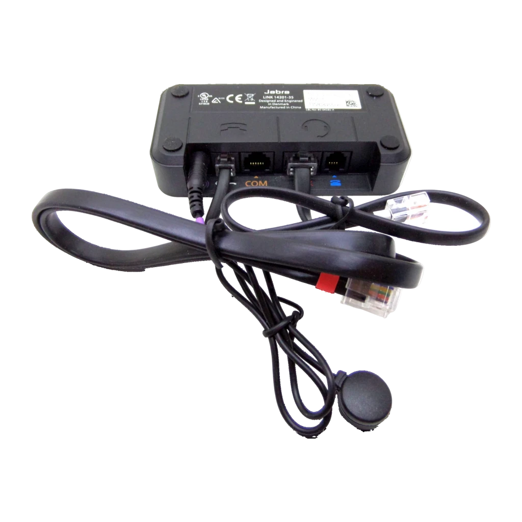 Adaptateur Jabra Link 14201-35 Accessoire EHS Bluetooth Noir, vue arrière: étiquette du modèle, ports RJ et câbles