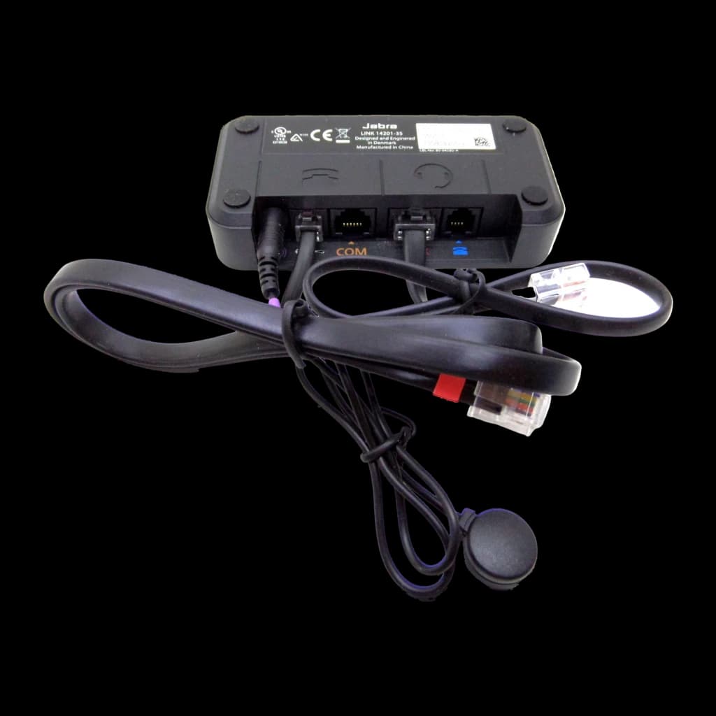 Adaptateur Jabra Link 14201-35 Accessoire EHS Bluetooth Noir, vue arrière: étiquette du modèle, ports RJ et câbles