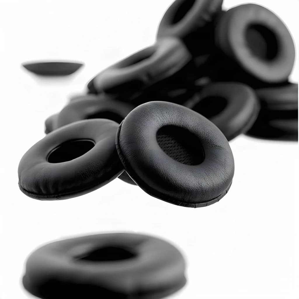 Almohadillas de repuesto Jabra Biz 2300 Pack 10 unidades Negro, en uso: varias almohadillas negras de cuero apiladas