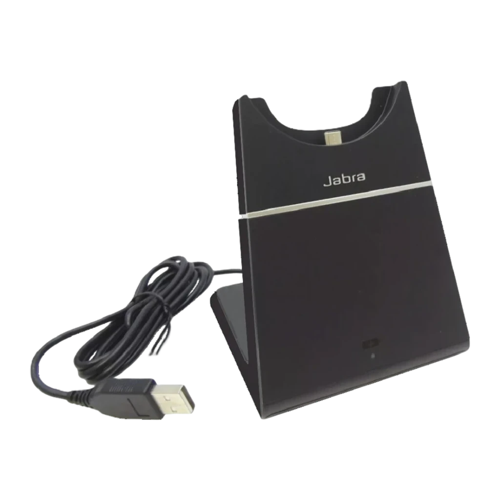 Base de carga Jabra Evolve 75 Charging Stand Negro Soporte de recarga, detalle: conector USB y cable enrollado visibles