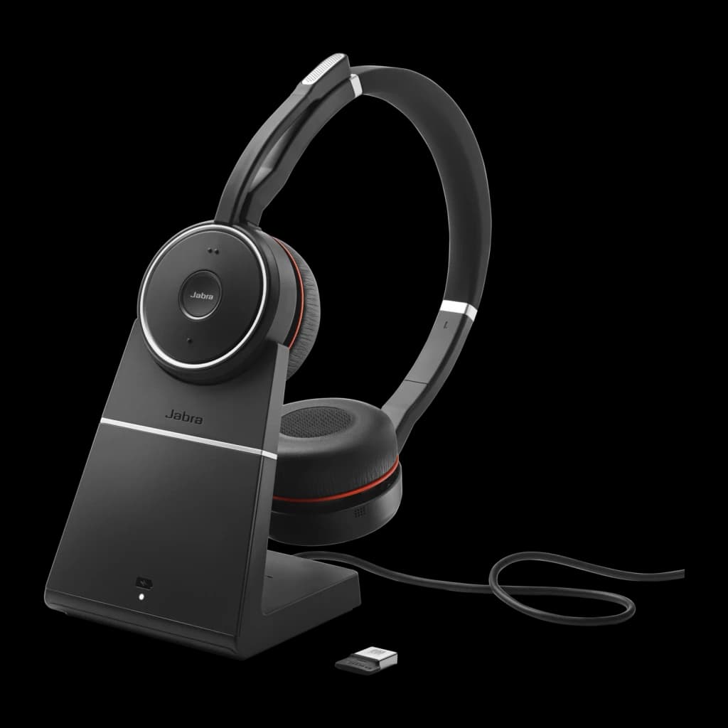 Station de charge Jabra Evolve 75 Charging Stand Noir – Support de recharge en cours d'utilisation: casque posé sur la base