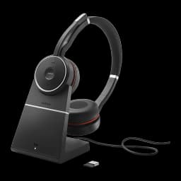 Station de charge Jabra Evolve 75 Charging Stand Noir – Support de recharge en cours d'utilisation: casque posé sur la base