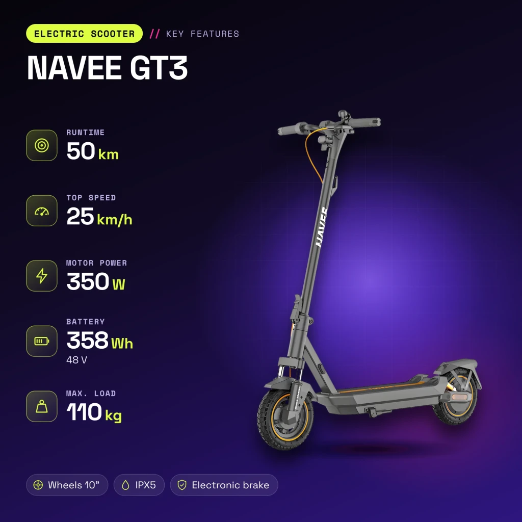 Patinete Eléctrico NAVEE GT3 350W 50km 25km/h 10 pulgadas Negro - características