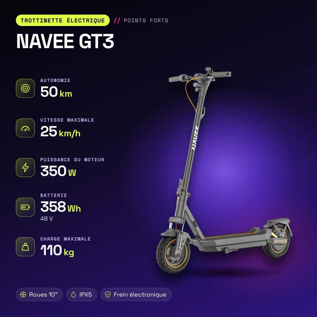 Patinete Eléctrico NAVEE GT3 350W 50km 25km/h 10 pulgadas Negro - características