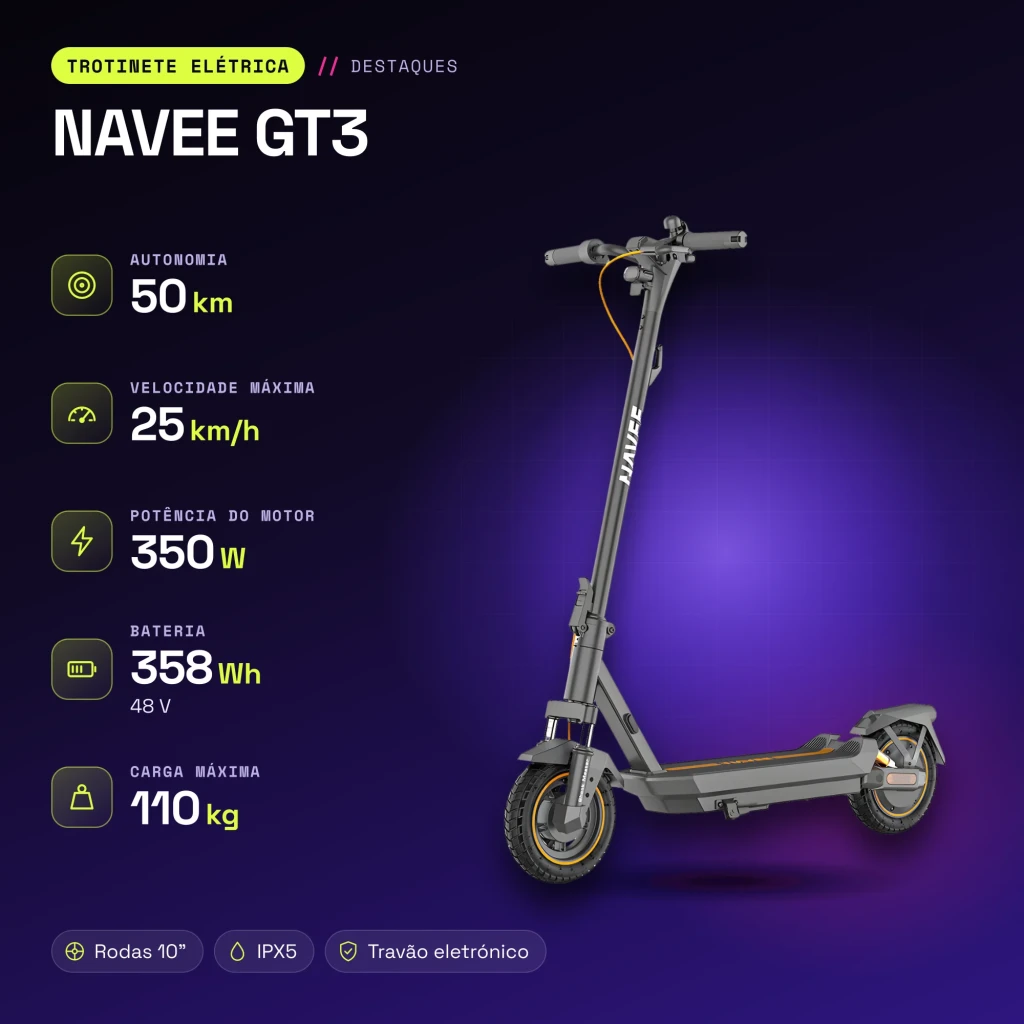 Patinete Eléctrico NAVEE GT3 350W 50km 25km/h 10 pulgadas Negro - características