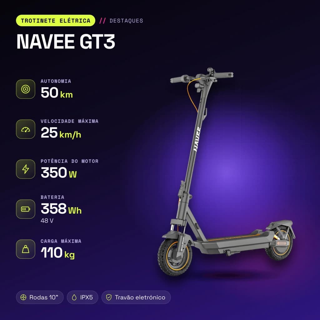 Patinete Eléctrico NAVEE GT3 350W 50km 25km/h 10 pulgadas Negro - características