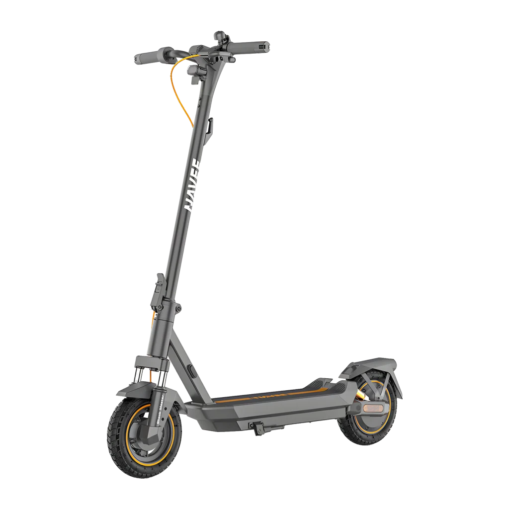 Patinete Eléctrico NAVEE GT3 350W 50km 25km/h 10 pulgadas Negro, vista frontal: chasis gris con logo NAVEE, ruedas con aro