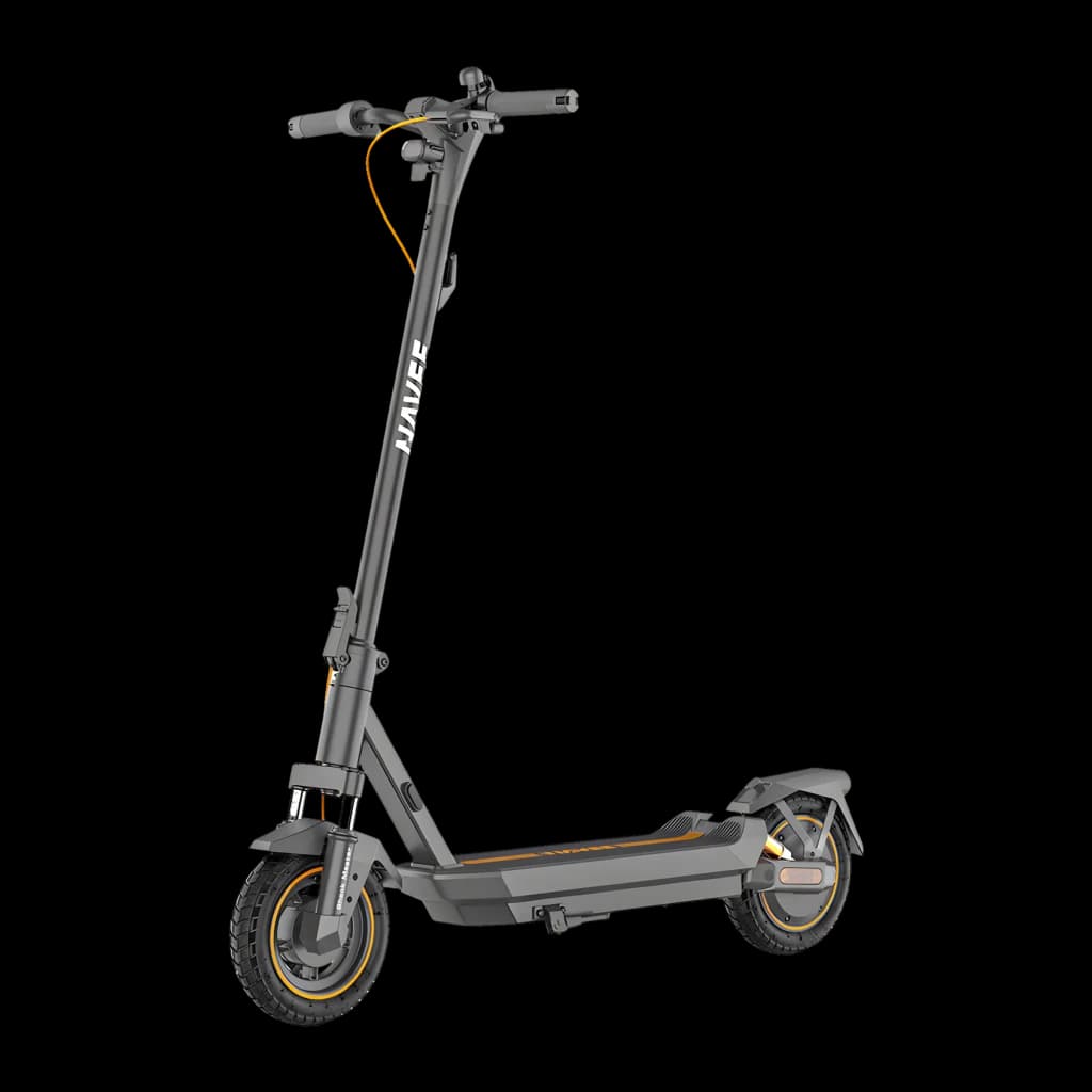 Patinete Eléctrico NAVEE GT3 350W 50km 25km/h 10 pulgadas Negro, vista frontal: chasis gris con logo NAVEE, ruedas con aro
