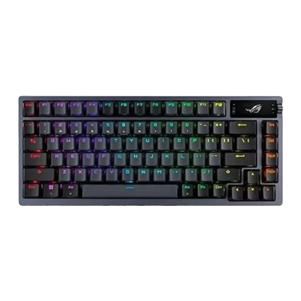 Clavier Gaming ASUS ROG Azoth Sans Fil Mécanique ROG RX Blue RGB Blanc, vue de face: touches rétroéclairées RGB multicolore