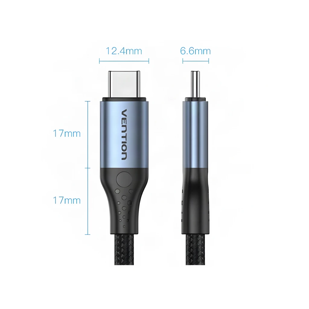 Câble Vention TAVHF 240W USB PD USB-C vers USB-C 4.0 1m 40Gbps Gris, dimensions: connecteurs avec cotes 12.4mm, 6.6mm