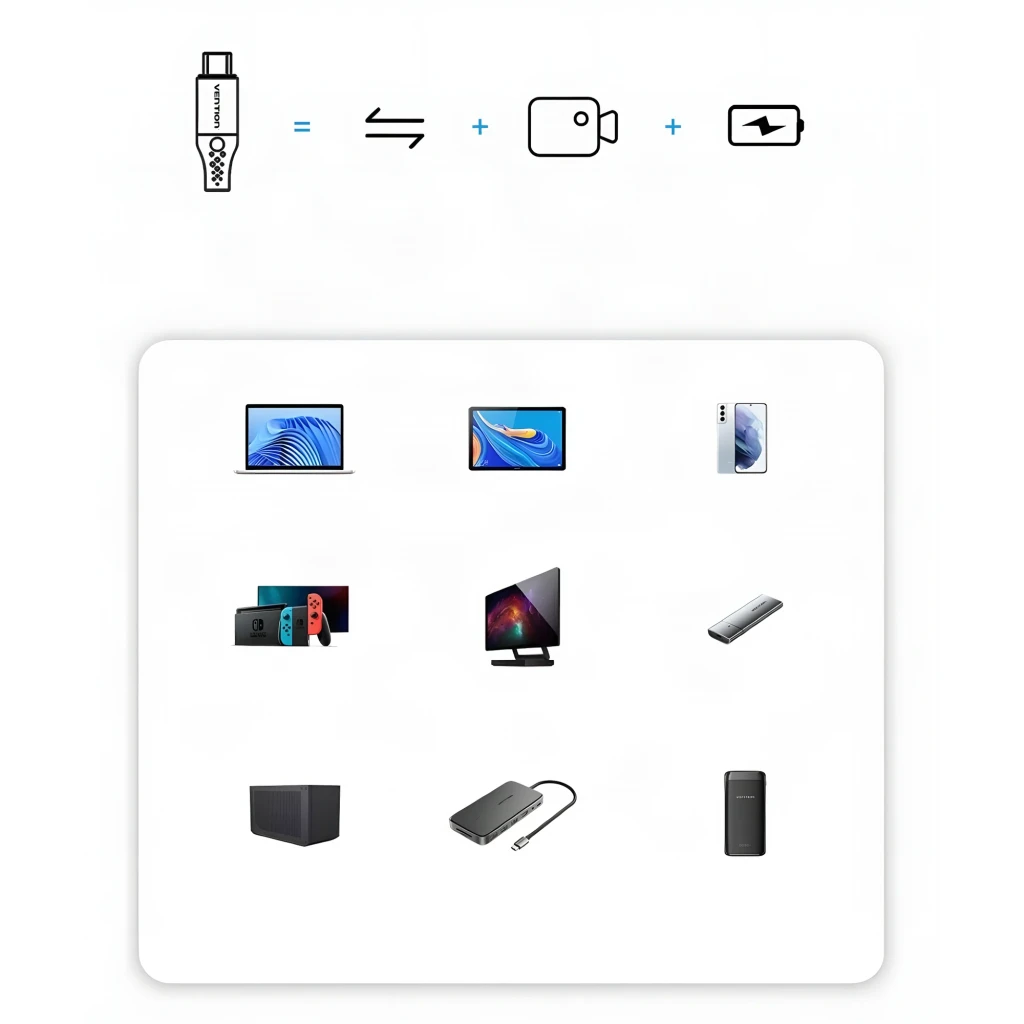 Câble Vention TAVHF 240W USB PD USB-C vers USB-C 4.0 1m 40Gbps Gris, compatibilité: laptop, tablette, smartphone, console