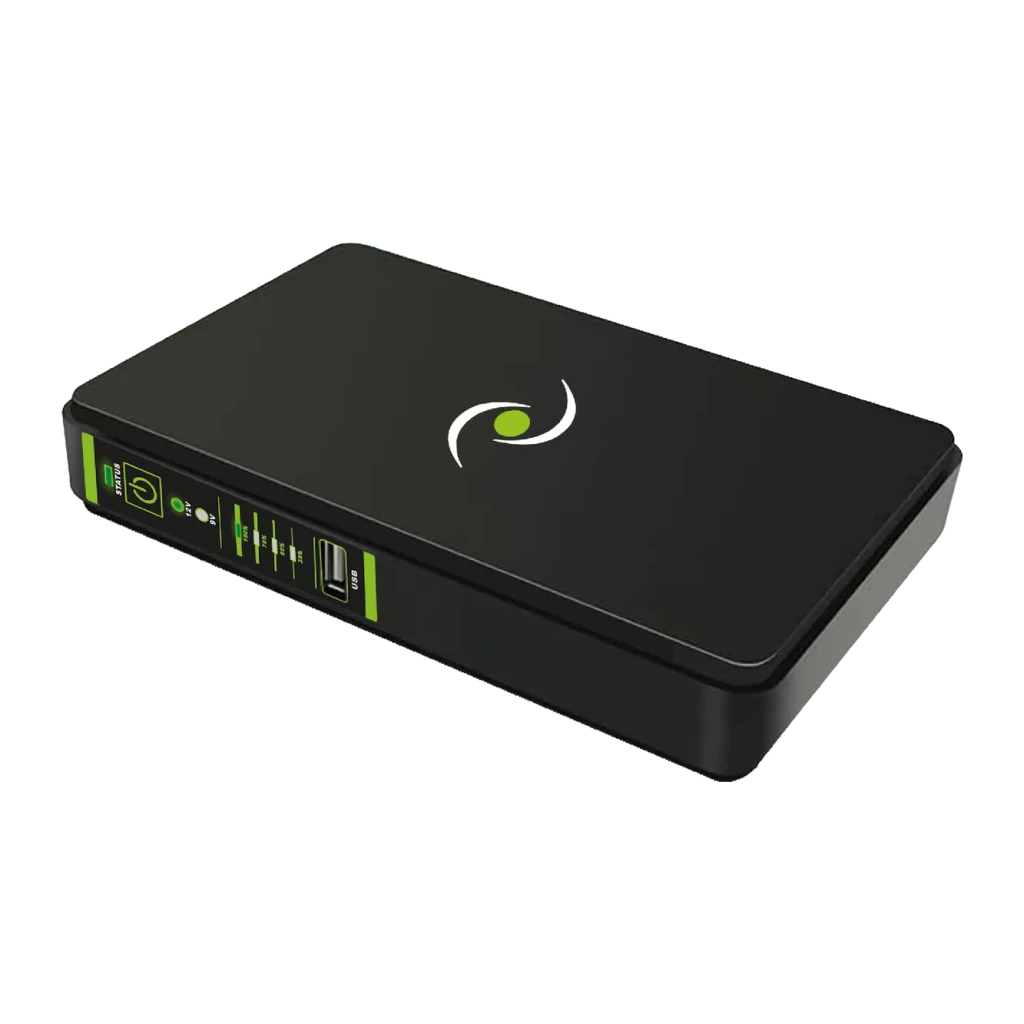 Onduleur UPS Tecnoware ERA PLUS DC 8800mAh Offline 18W Noir, vue de face: boîtier noir avec logo blanc et vert, panneau