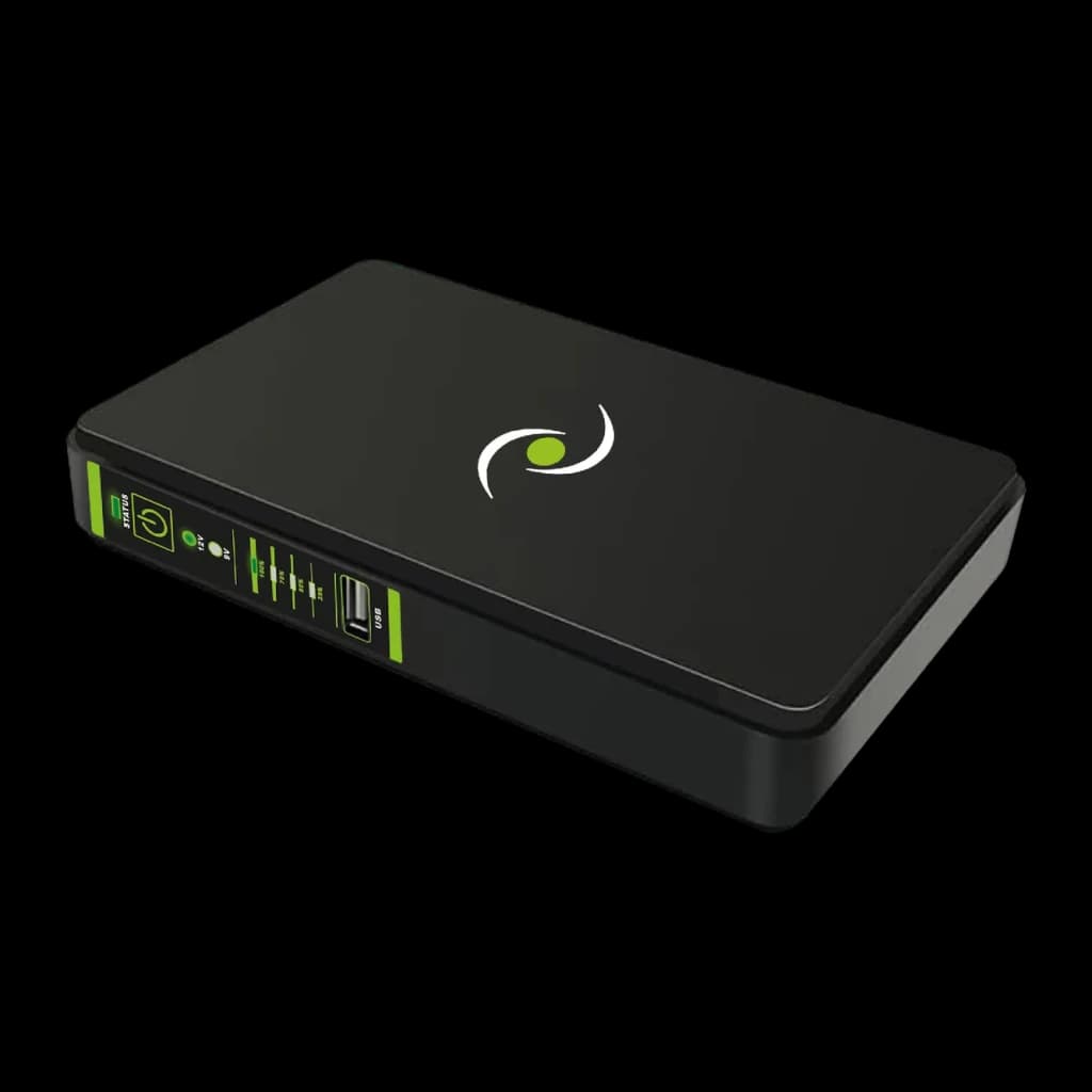 Onduleur UPS Tecnoware ERA PLUS DC 8800mAh Offline 18W Noir, vue de face: boîtier noir avec logo blanc et vert, panneau