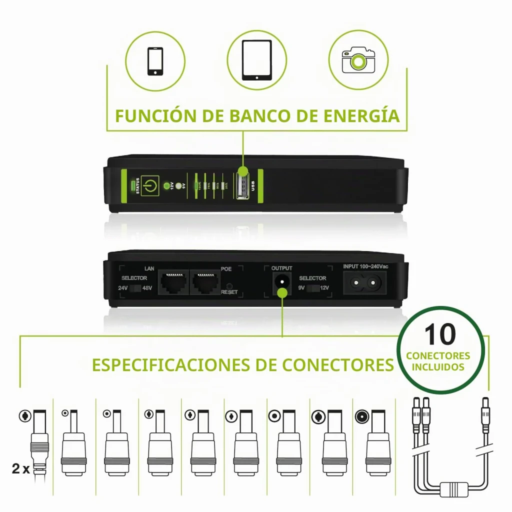 Onduleur UPS Tecnoware ERA PLUS DC 8800mAh Offline 18W Noir, infographie: fonction banque d'énergie, ports LAN POE et 10