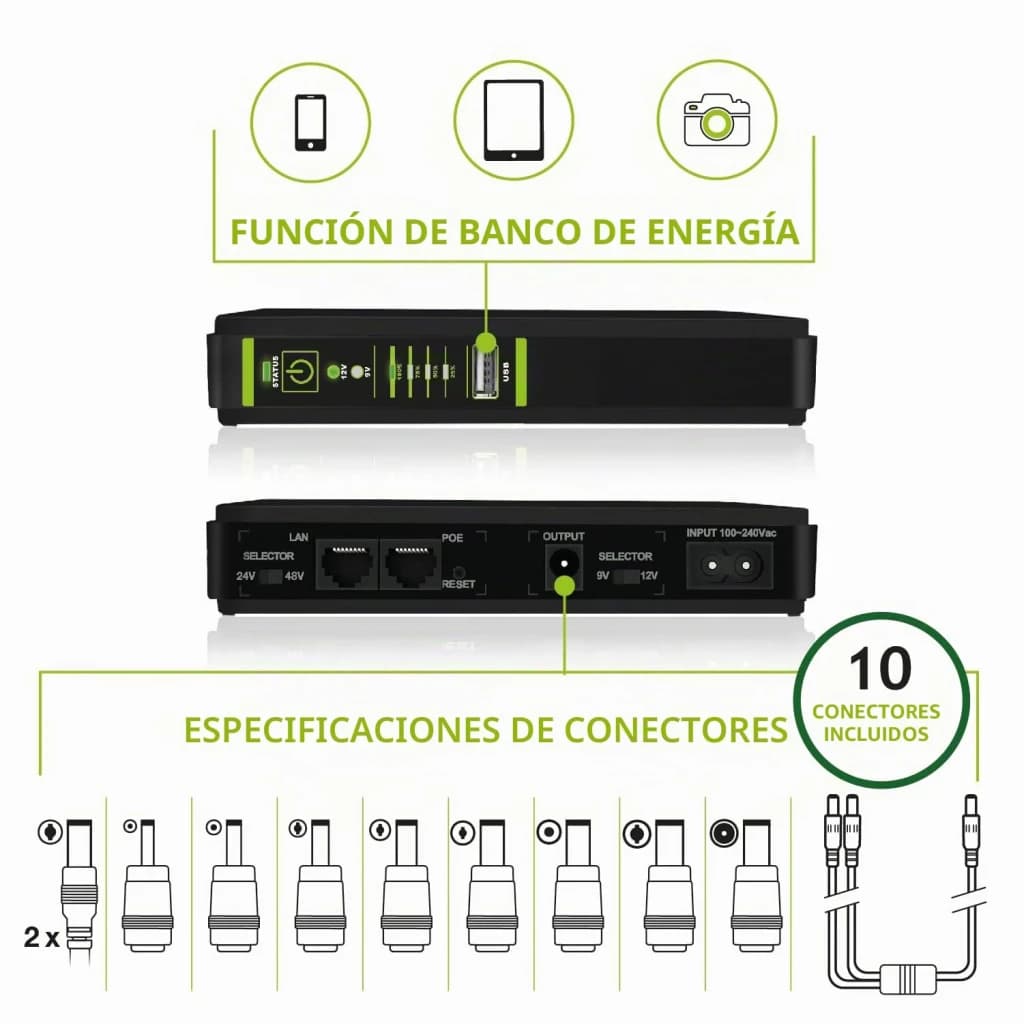 Onduleur UPS Tecnoware ERA PLUS DC 8800mAh Offline 18W Noir, infographie: fonction banque d'énergie, ports LAN POE et 10