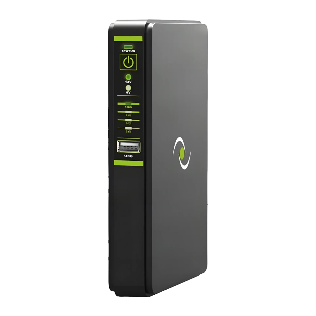 Onduleur UPS Tecnoware ERA PLUS DC 8800mAh Offline 18W Noir, détail: panneau latéral avec bouton d'alimentation, indicateurs