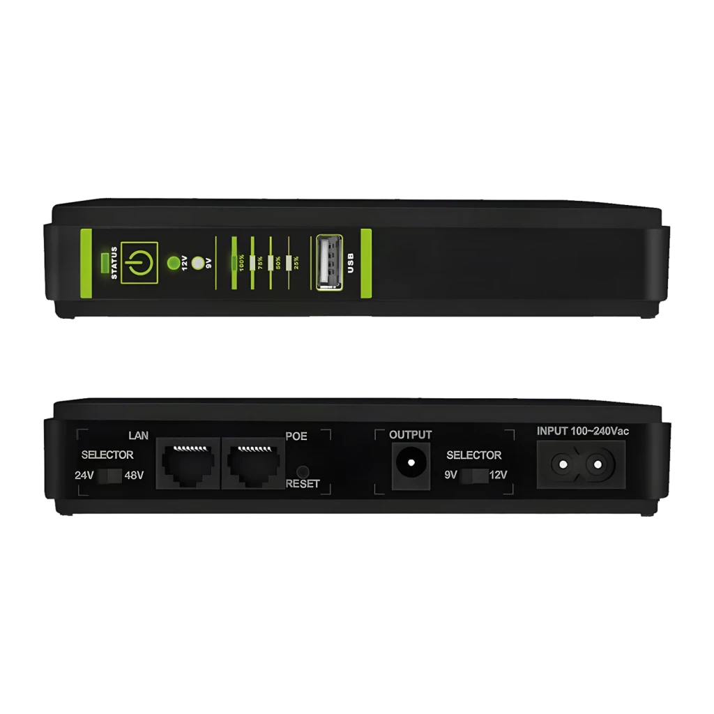 Onduleur UPS Tecnoware ERA PLUS DC 8800mAh Offline 18W Noir, vue arrière: ports LAN, POE, sortie DC, entrée AC et sélecteur
