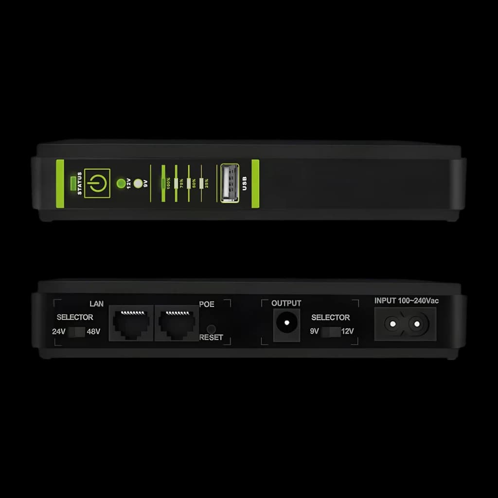 Onduleur UPS Tecnoware ERA PLUS DC 8800mAh Offline 18W Noir, vue arrière: ports LAN, POE, sortie DC, entrée AC et sélecteur