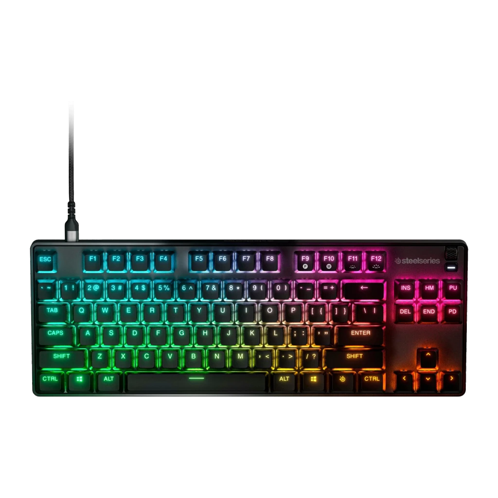 Teclado Gaming SteelSeries Apex 9 TKL Switch Optomecânico RGB US Layout Preto, detalhe: vista superior com retroiluminação