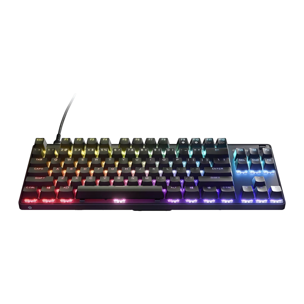 Teclado Gaming SteelSeries Apex 9 TKL Switch Optomecânico RGB US Layout Preto, detalhe: iluminação RGB multicolor sob as