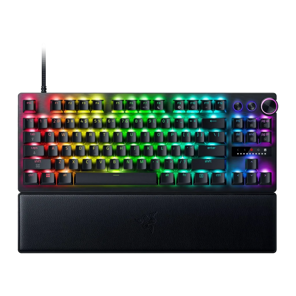 Teclado Gaming Razer Huntsman V3 Pro Tenkeyless 8KHz Negro, vista frontal: retroiluminación RGB multicolor, dial de volumen