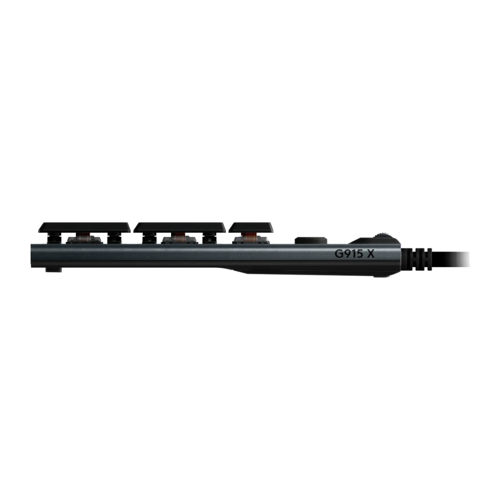 Teclado Gaming Logitech G915 X GL Tactile Negro, detalle lateral: perfil ultra fino con switches táctiles naranja visibles