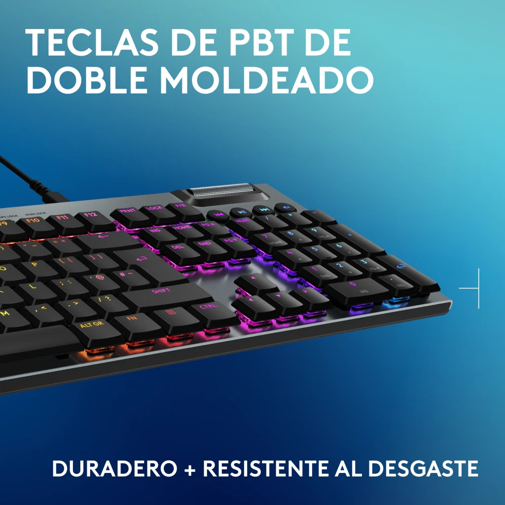 Teclado Gaming Logitech G915 X GL Tactile Negro, vista lateral: teclas PBT doble moldeado con retroiluminación RGB multicolor