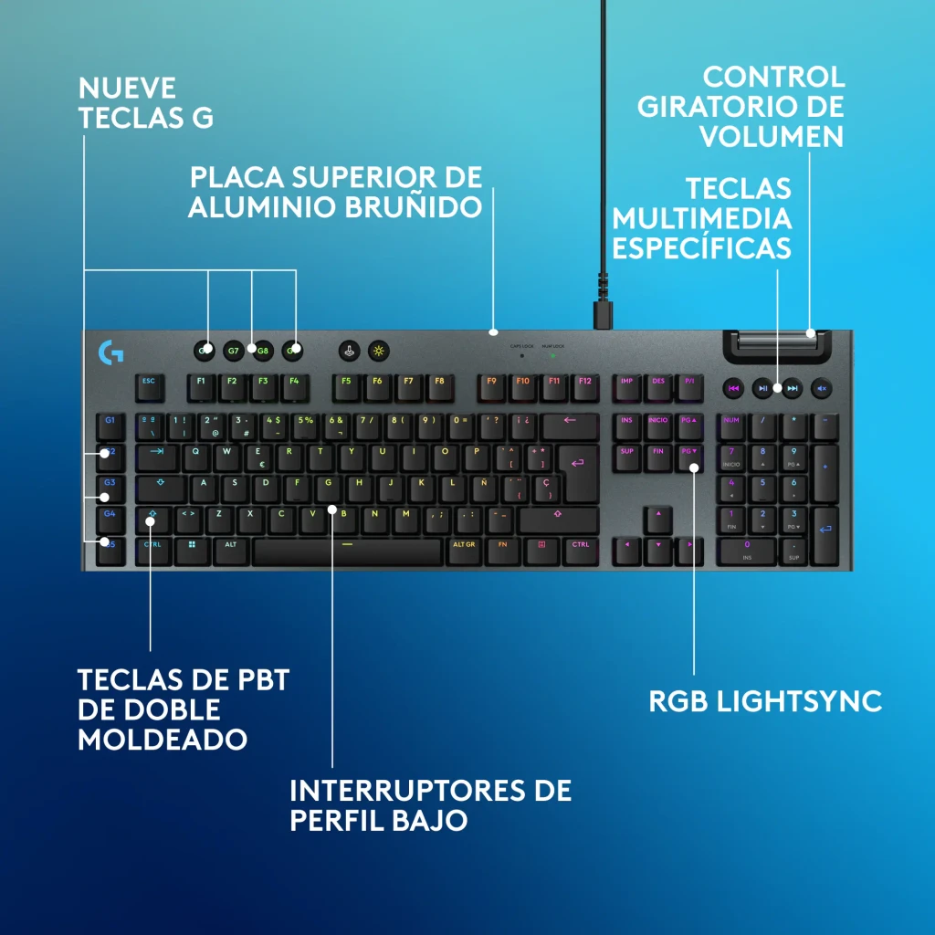 Teclado Gaming Logitech G915 X GL Tactile Negro, infografía: teclas G, placa aluminio, RGB LIGHTSYNC y control de volumen