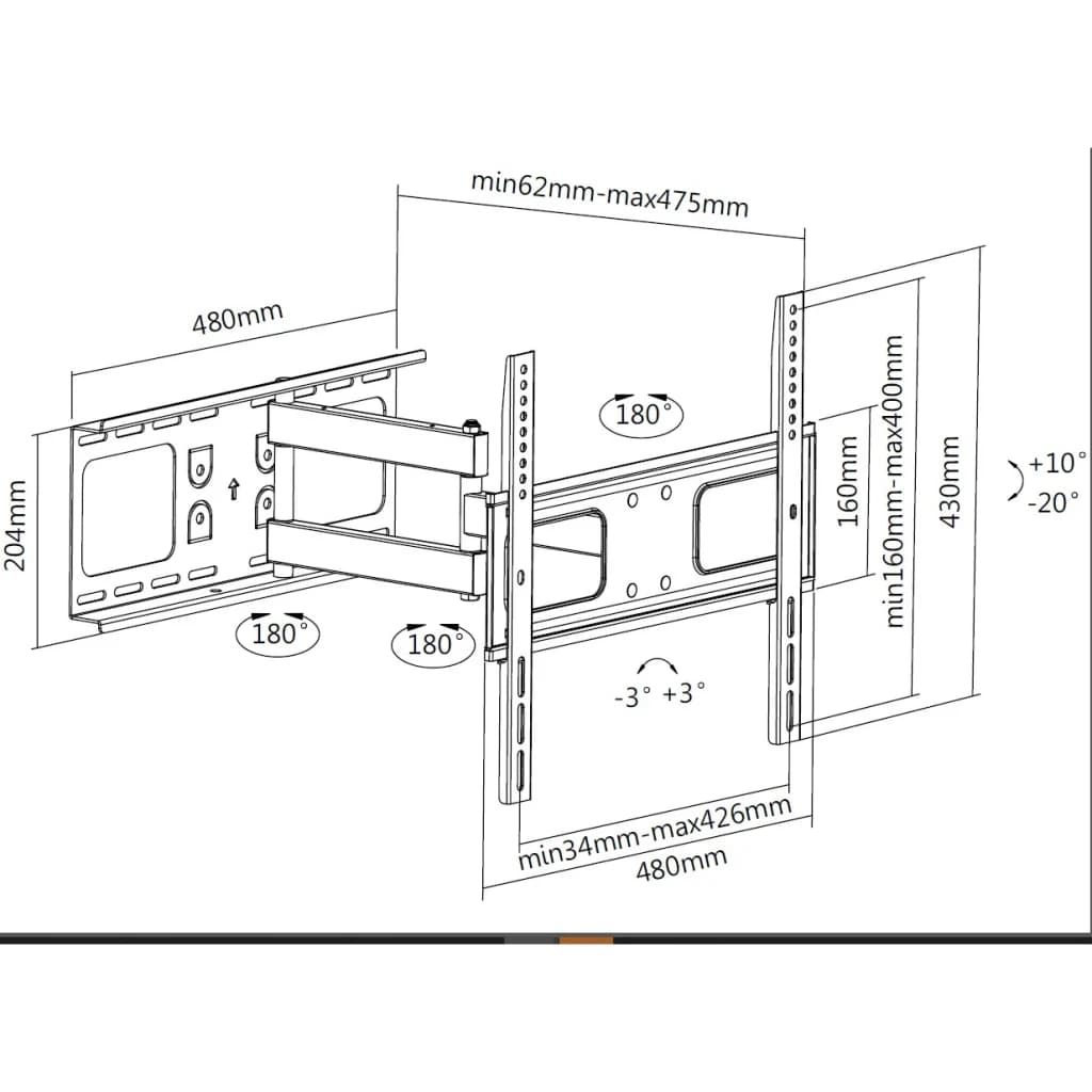 Support TV Equip Noir Mural Double Bras Articulé 650315, schéma technique: cotes d'extension, rotation 180° et inclinaison