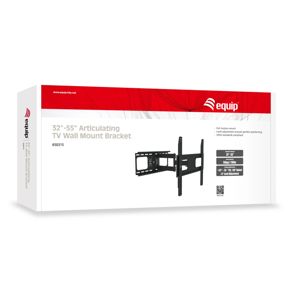 Support TV Equip Noir Mural Double Bras Articulé 650315, boîte: emballage en perspective avec image du support