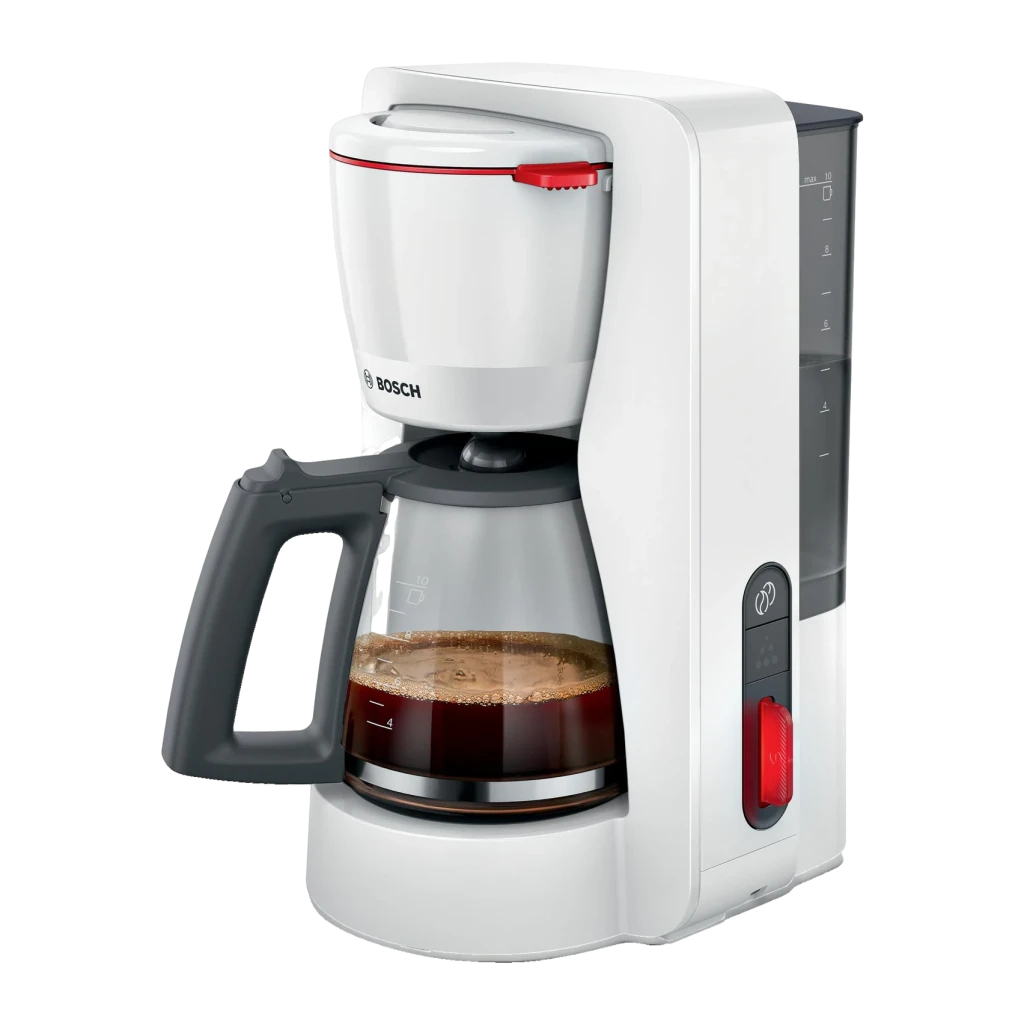 Cafeteira de filtro Bosch MyMoment 1,25L 1200W Branco TKA3M131, vista frontal: jarra de vidro com café, botão vermelho