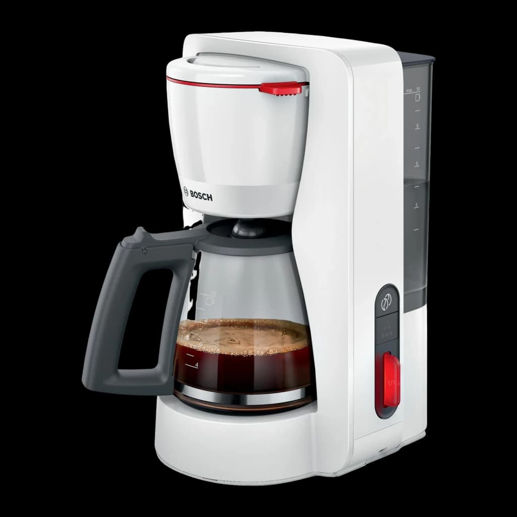 Cafeteira de filtro Bosch MyMoment 1,25L 1200W Branco TKA3M131, vista frontal: jarra de vidro com café, botão vermelho
