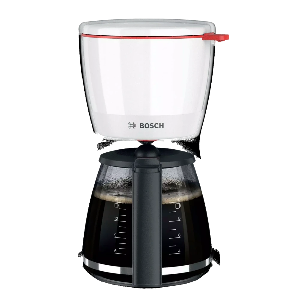 Cafeteira de filtro Bosch MyMoment 1,25L 1200W Branco TKA3M131, detalhe: reservatório branco com aba vermelha e jarra