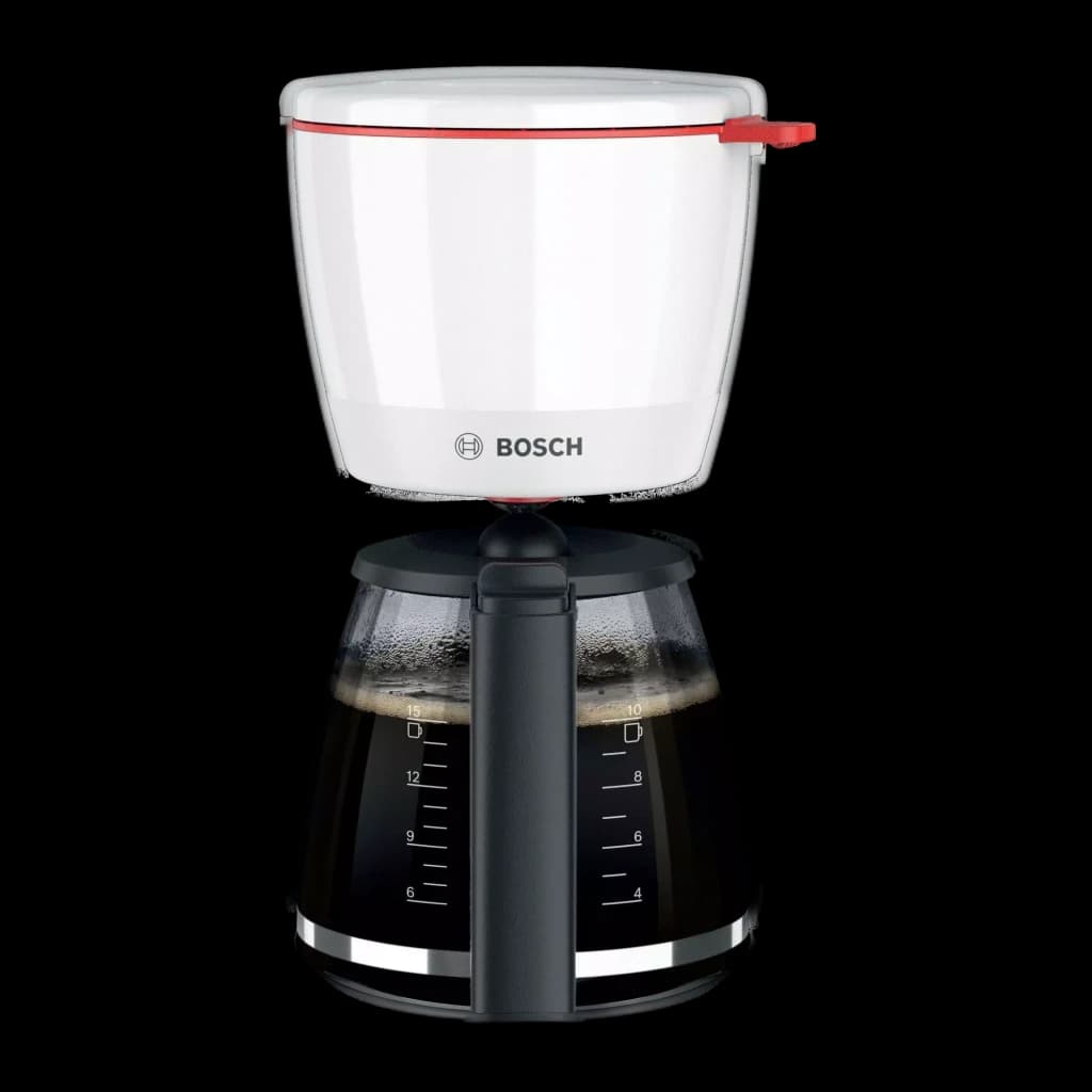 Cafeteira de filtro Bosch MyMoment 1,25L 1200W Branco TKA3M131, detalhe: reservatório branco com aba vermelha e jarra