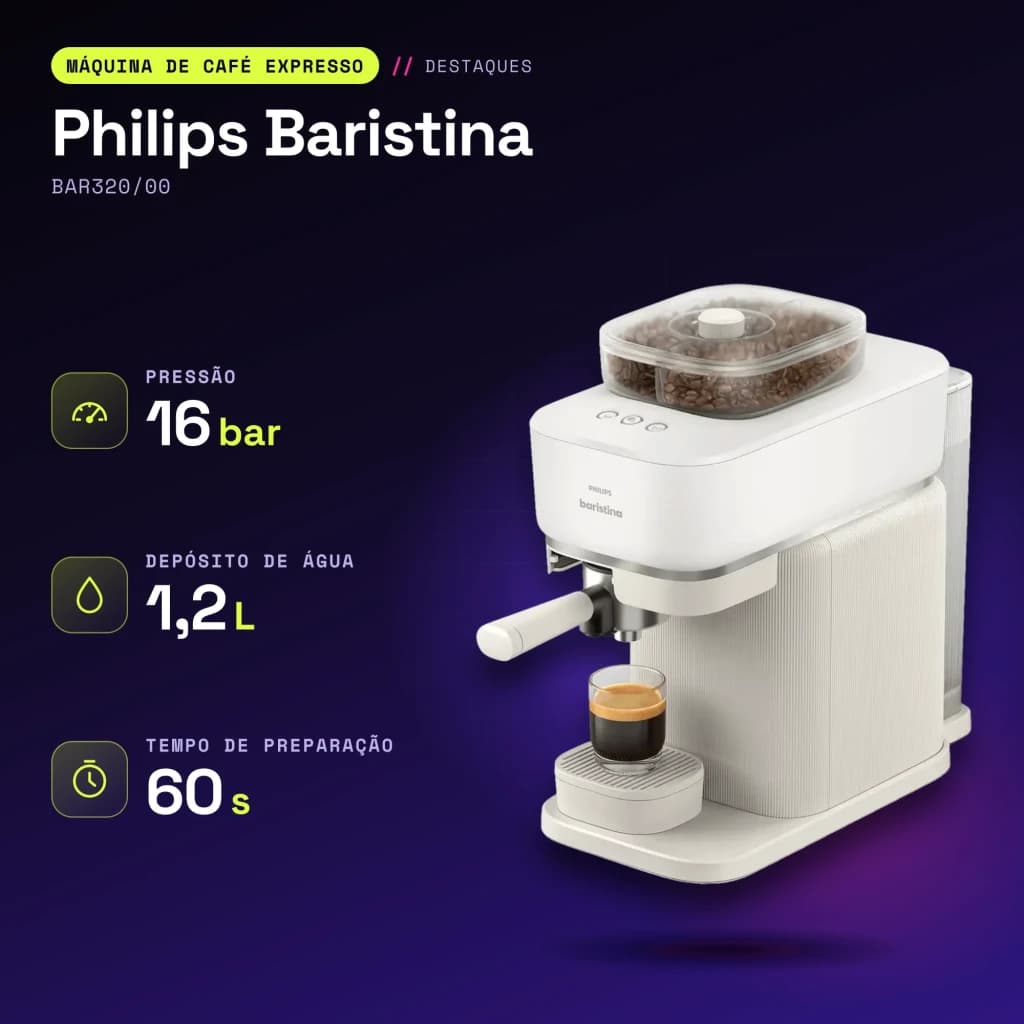 Máquina de Espresso Philips Baristina BAR320/00 Moinho cerâmico 16bar 1,2L Branco - características