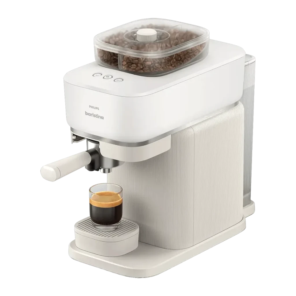 Máquina de Espresso Philips Baristina BAR320/00 Moinho cerâmico 16bar 1,2L, vista frontal: corpo branco com ranhuras