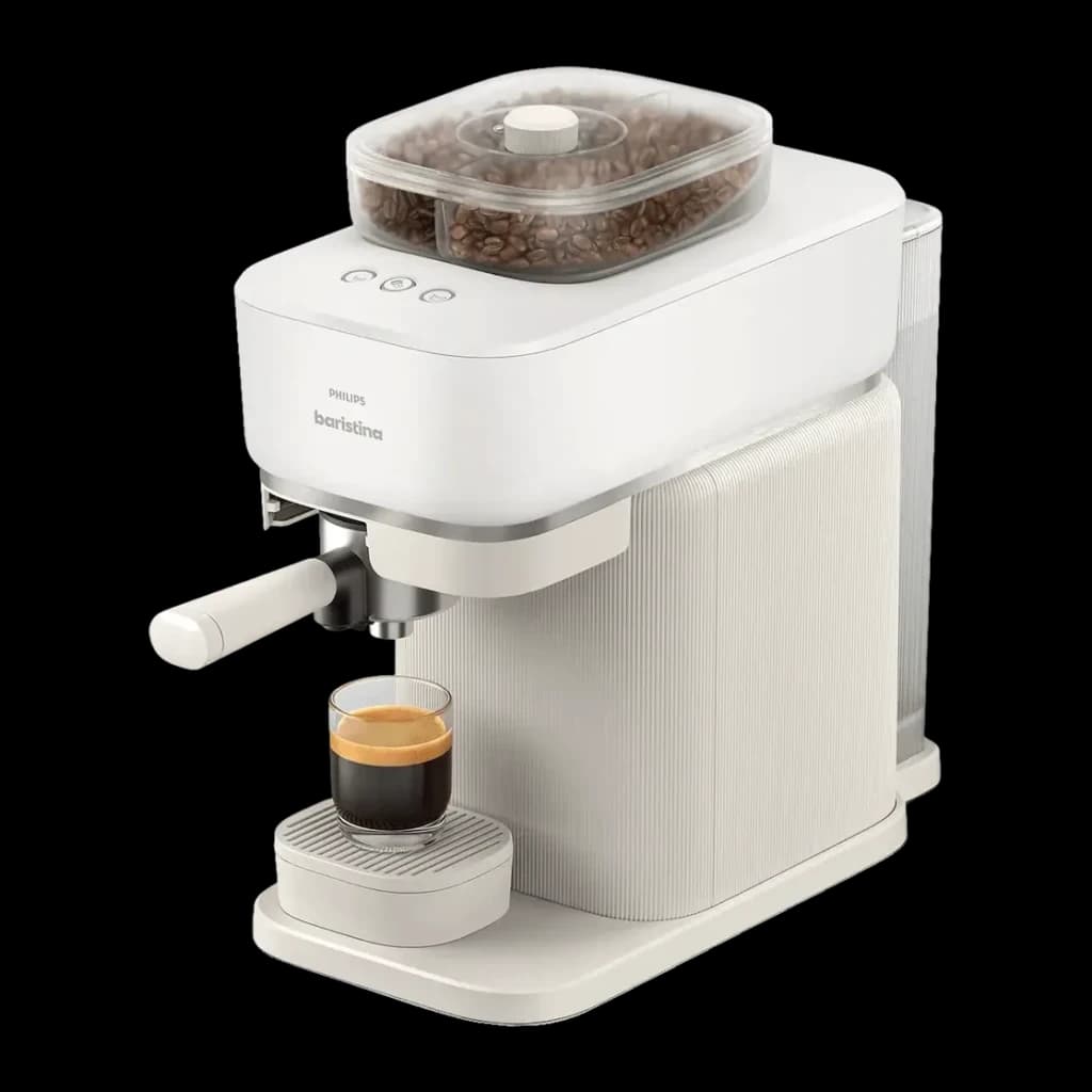 Máquina de Espresso Philips Baristina BAR320/00 Moinho cerâmico 16bar 1,2L, vista frontal: corpo branco com ranhuras