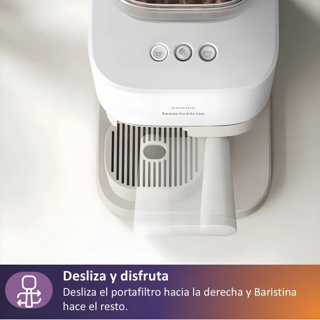 Máquina de Espresso Philips Baristina BAR320/00 Moinho cerâmico 16bar 1,2L, detalhe frontal: portafiltro deslizante aberto