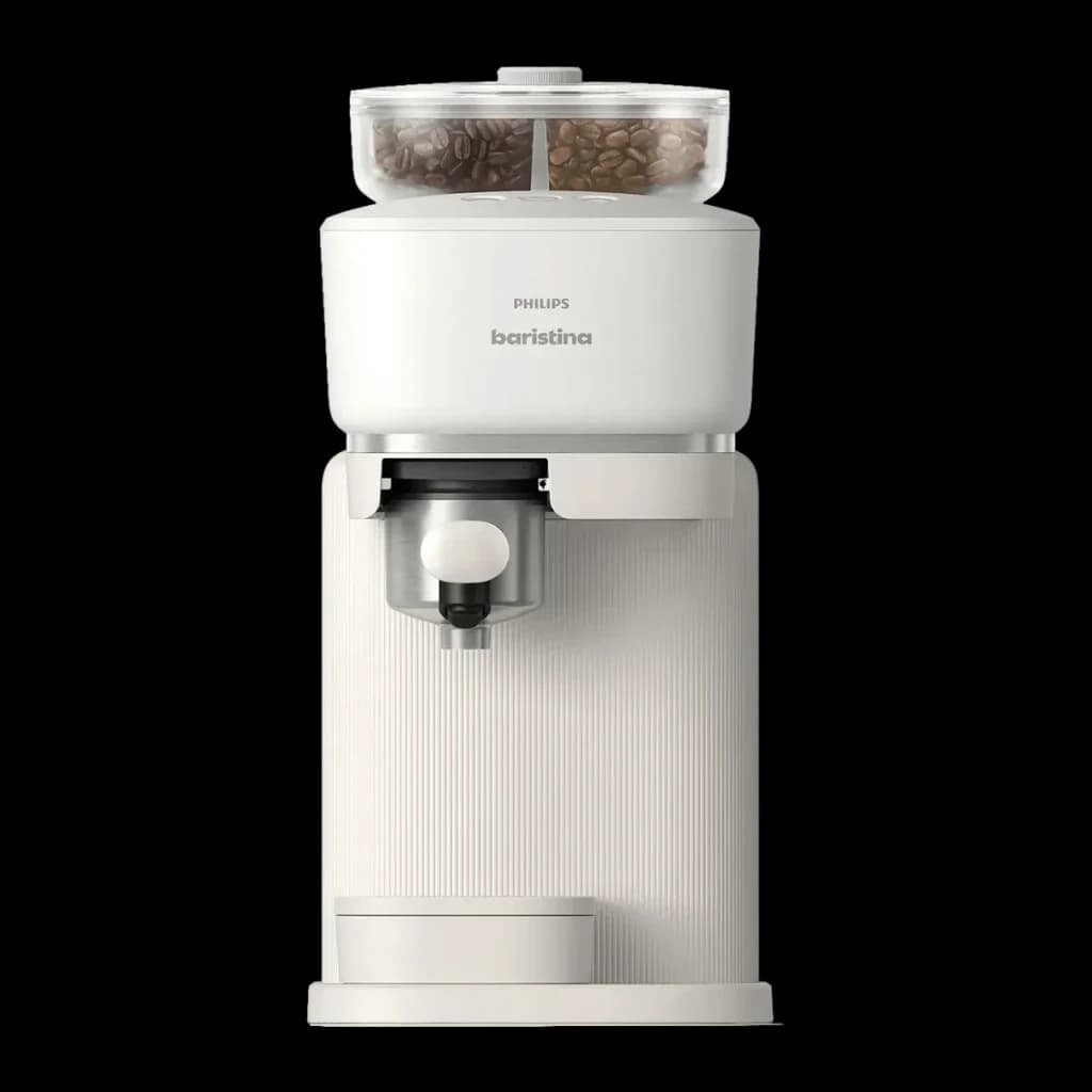 Máquina de Espresso Philips Baristina BAR320/00 Moinho cerâmico 16bar 1,2L, detalhe frontal: depósito transparente com grãos
